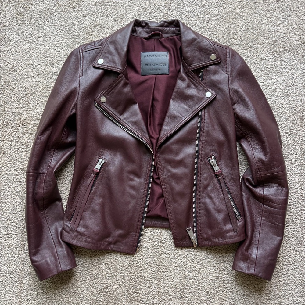 All Saints Dalby Biker Leather Jacket in Oxblood Red